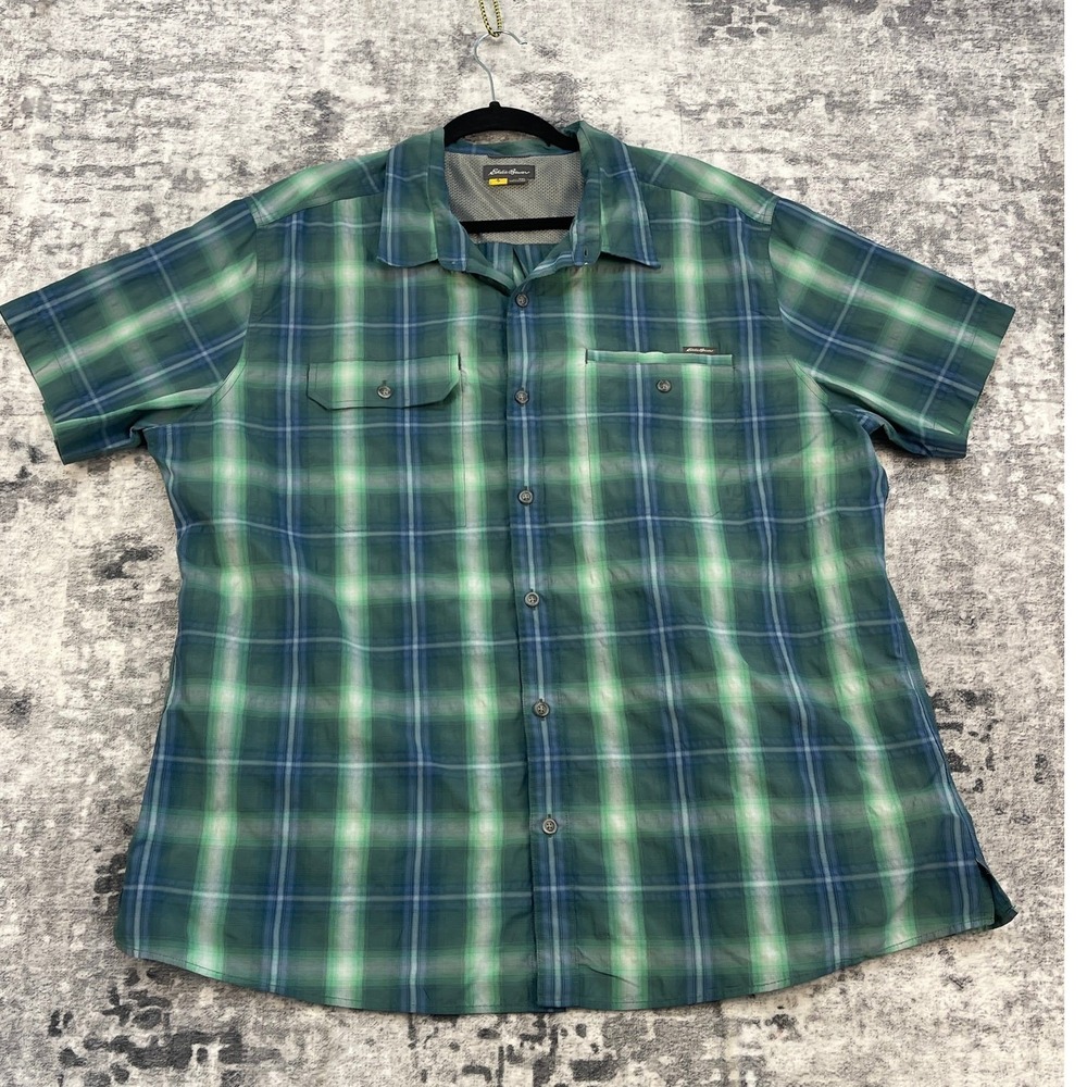 Vtg Eddie Bauer Men 2XL Short Sleeve Button Down Shirt Green Blue Plaid Hipster